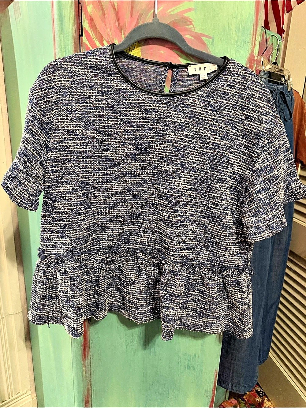THML Short Sleeve Peplum Top in Blue & White